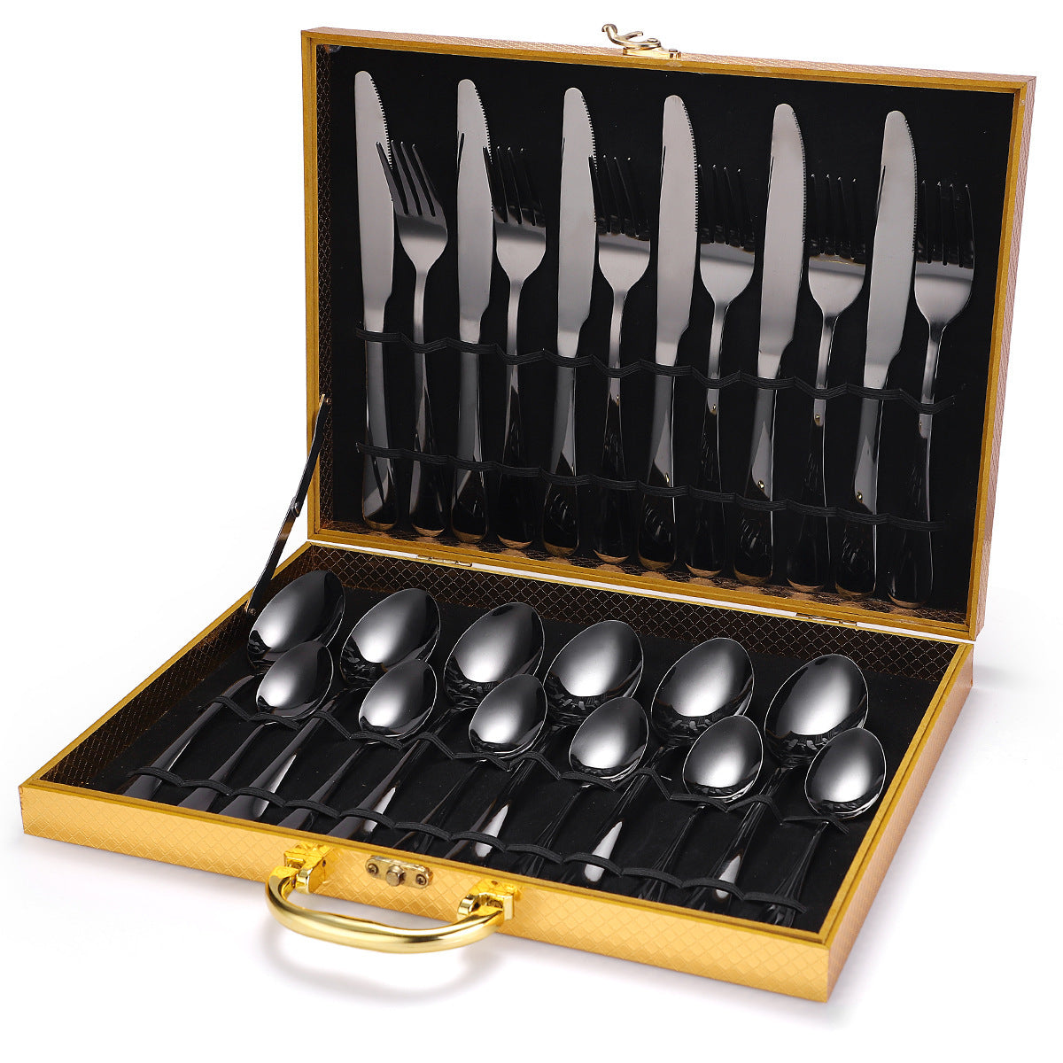 A 24-piece stainless steel cutlery set, made from durable 18/10 stainless steel, eco-friendly, BPA-free, and dishwasher safe. Includes forks, knives, spoons, and teaspoons.