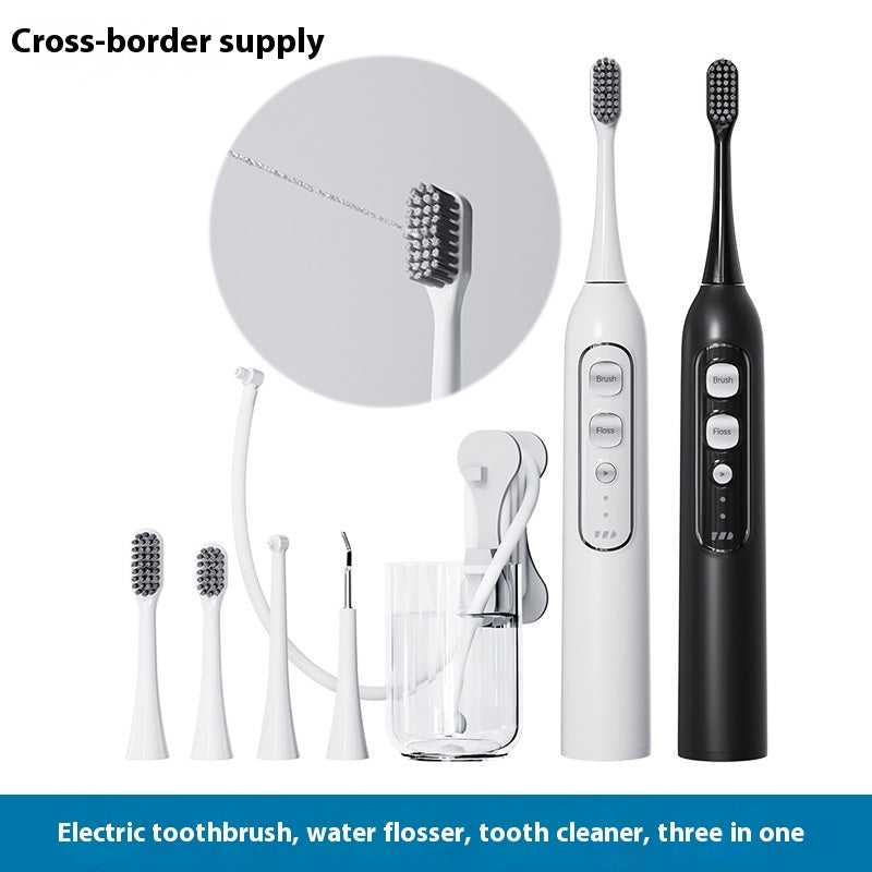 Three-in-one waterproof smart electric toothbrush and oral irrigator in multiple colors (Q1 White, Q1 Black, Q2 White, Q2 Pink), featuring a rechargeable power type, magnetic suspension motor, and over 5 gear settings for customizable cleaning.