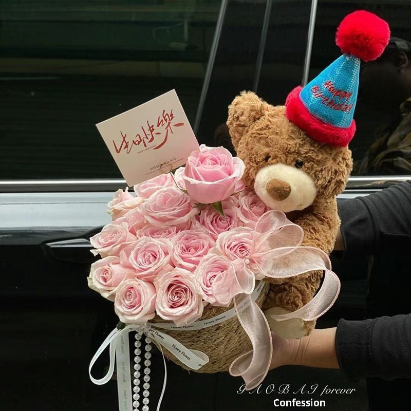 Stuffed Bear with Bouquet – Adorable teddy bear with preserved fresh flowers, LED lights, and a greeting card. Perfect gift for any occasion like birthdays or anniversaries.