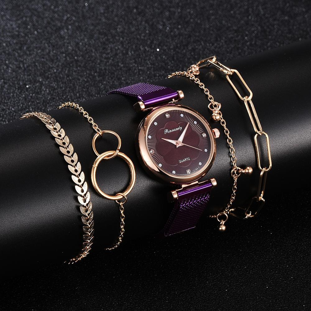 Bracelet and strap watch set featuring a simple, casual, and fashionable design with an alloy strap, magnet buckle clasp, and an elegant matching bracelet.