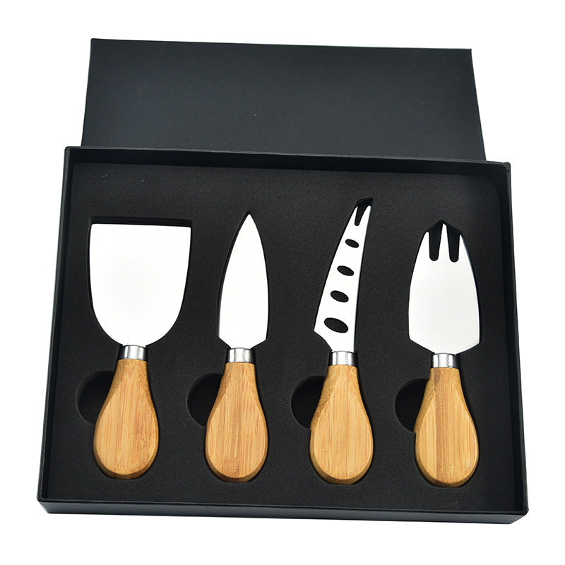 6-piece stainless steel cheese cutter set with ergonomic handles, designed for slicing different types of cheese. Custom logo printing available, perfect for gifting or personal use.