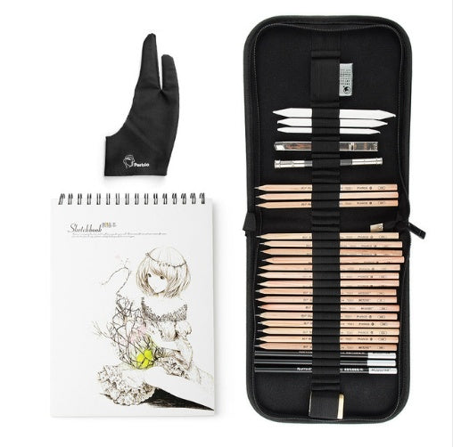A 29-piece professional sketch and drawing tool kit with graphite pencils, charcoal pencils, an erasable pen, and a craft knife, available in multiple styles for both beginners and professionals.