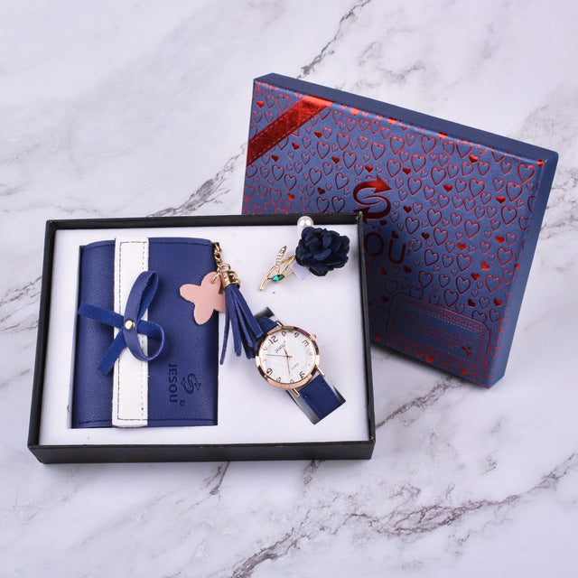Fashion Creative Boutique Gift Set featuring a belt quartz watch, wallet, and brooch, designed for women with a stylish and functional touch, perfect for gifting.
