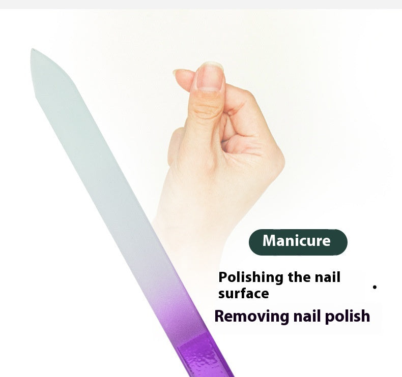 Nail file polishing manicure set made of plastic and nano glass, available in six colors (Pink, Blue, Cyan, Yellow, Purple, Green). Compact size (14 * 1.2 cm) with a thickness of 0.3mm, packaged in a convenient storage box for easy use and organization.