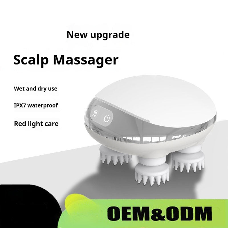 Octopus scalp massage instrument with 4 adjustable gears, USB-powered, available in three models: K113 (no base, no hot compress), K111 (with base and red hot compress), K112 (with base, microcurrent, and red hot compress). Comes with multilingual manuals in Chinese, English, and Japanese.