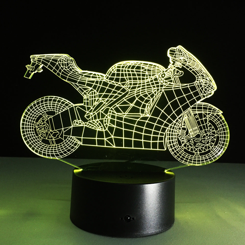 Motorcycle LED desk lamp with a black background and colorful touch controls, featuring an acrylic shade for a sleek and modern look. Ideal for home, hotel rooms, corridors, and entertainment spaces.