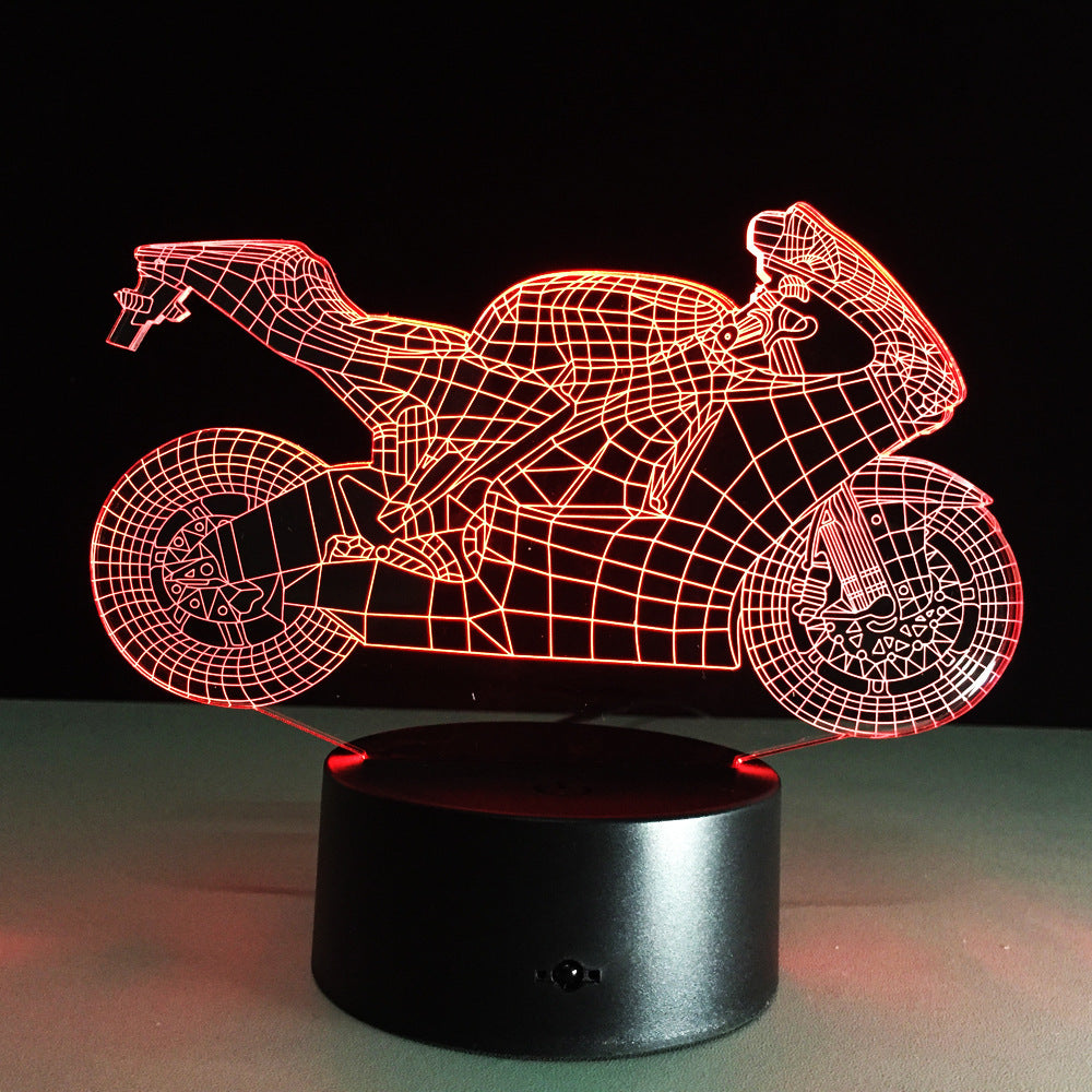 Motorcycle LED desk lamp with a black background and colorful touch controls, featuring an acrylic shade for a sleek and modern look. Ideal for home, hotel rooms, corridors, and entertainment spaces.