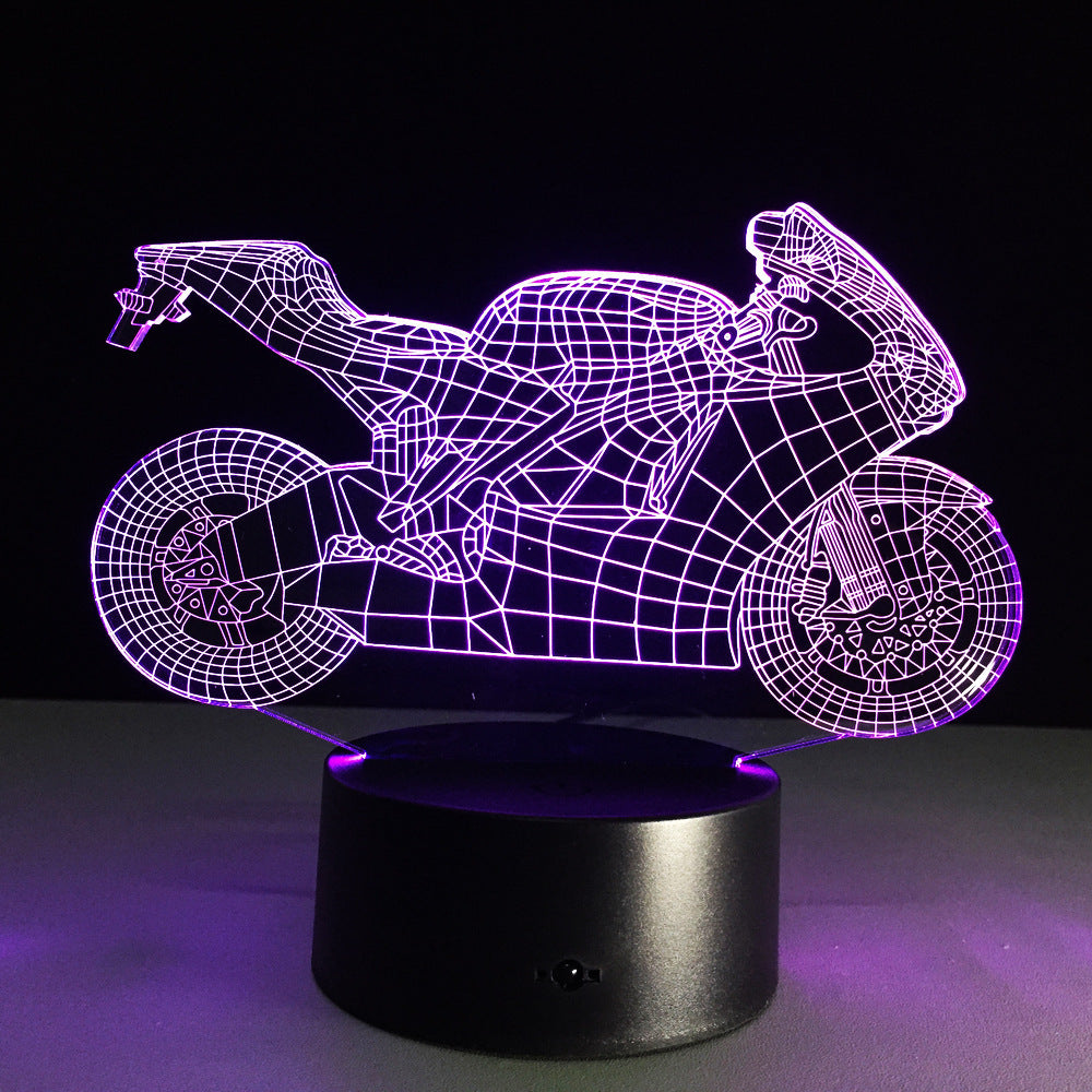 Motorcycle LED desk lamp with a black background and colorful touch controls, featuring an acrylic shade for a sleek and modern look. Ideal for home, hotel rooms, corridors, and entertainment spaces.