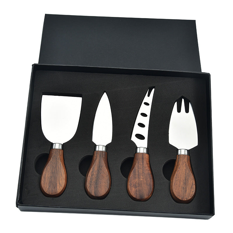 6-piece stainless steel cheese cutter set with ergonomic handles, designed for slicing different types of cheese. Custom logo printing available, perfect for gifting or personal use.