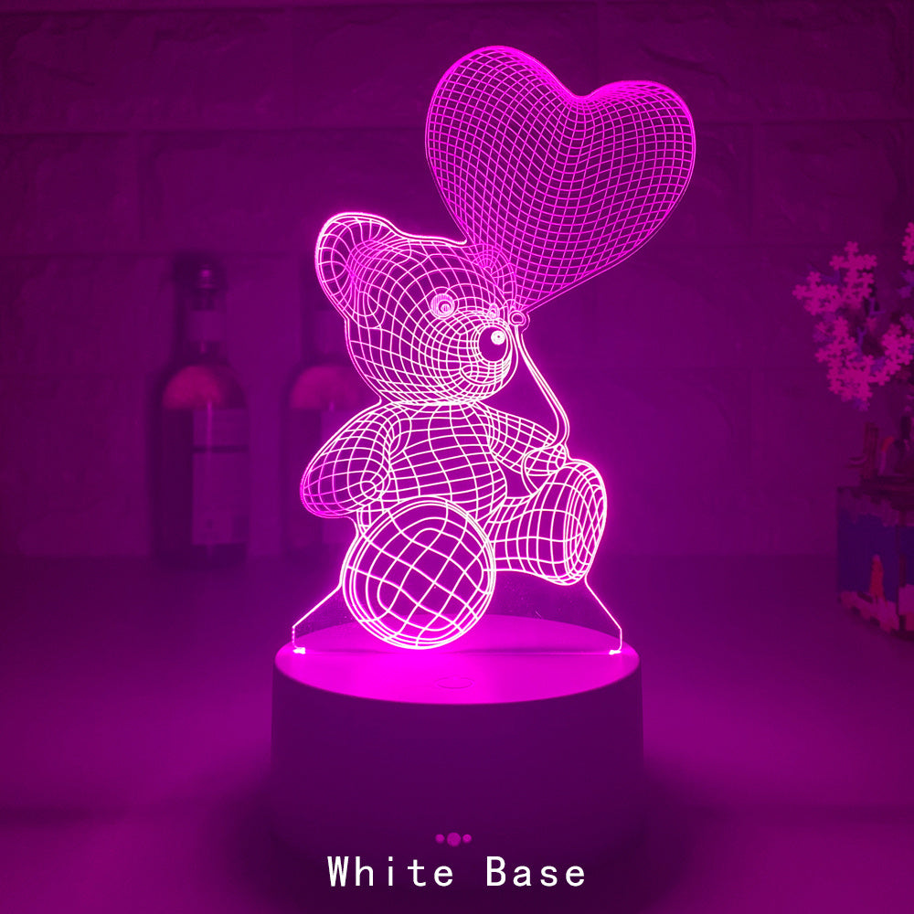3D Teddy Bear LED Night Light with 16 color options, touch and remote control, made from acrylic material. Powered by USB or batteries, perfect for kids' room decor.