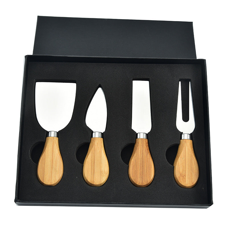 6-piece stainless steel cheese cutter set with ergonomic handles, designed for slicing different types of cheese. Custom logo printing available, perfect for gifting or personal use.