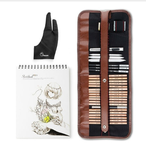 A 29-piece professional sketch and drawing tool kit with graphite pencils, charcoal pencils, an erasable pen, and a craft knife, available in multiple styles for both beginners and professionals.