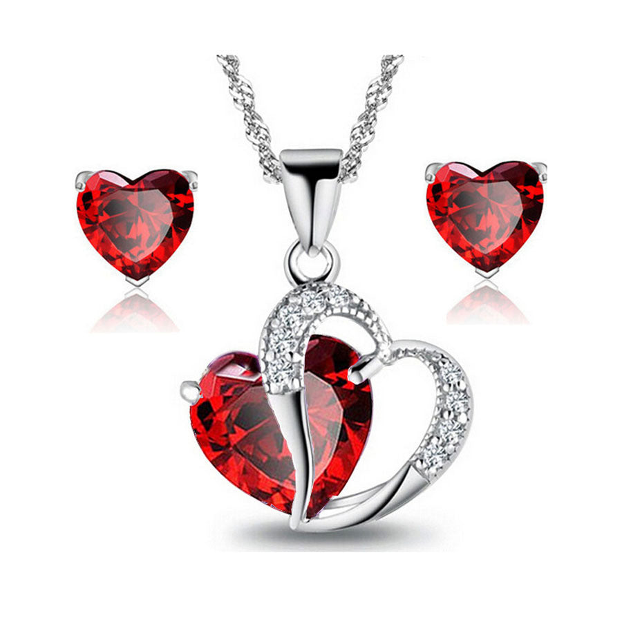 Ziling Heart Necklace and Earrings Set featuring 6mm stud earrings and a 25mm x 20mm pendant, made of copper and zircon, with a 45+5cm chain, available in red, purple, and white.