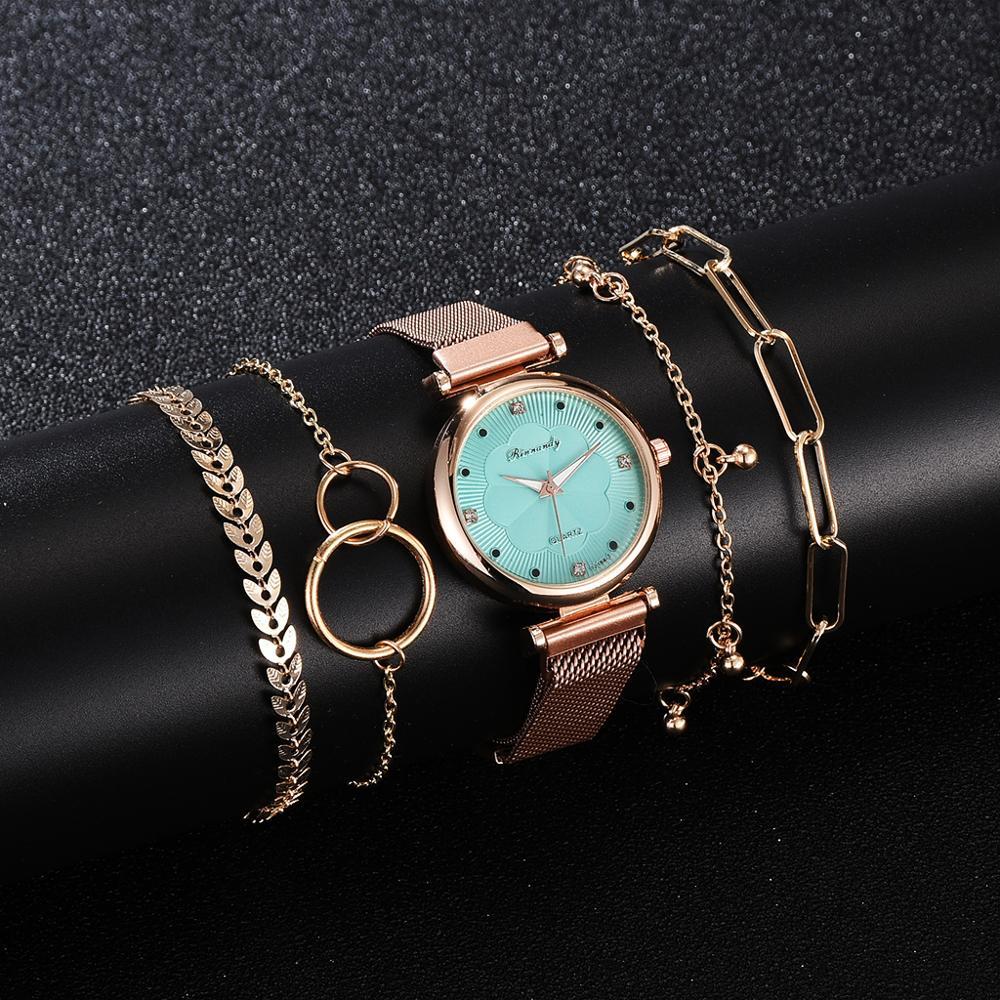 Bracelet and strap watch set featuring a simple, casual, and fashionable design with an alloy strap, magnet buckle clasp, and an elegant matching bracelet.