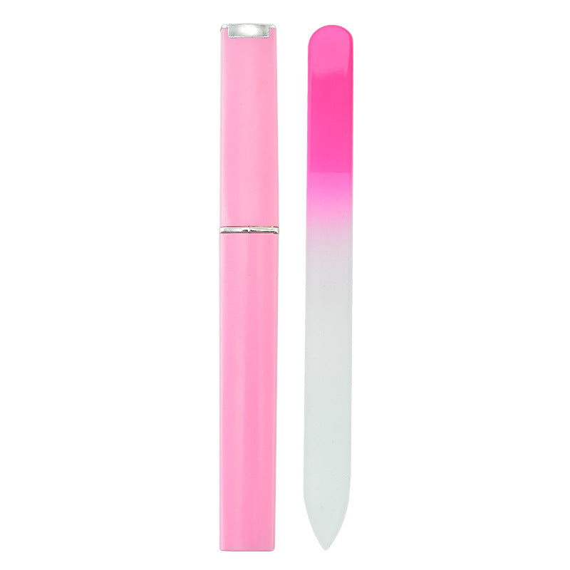 Nail file polishing manicure set made of plastic and nano glass, available in six colors (Pink, Blue, Cyan, Yellow, Purple, Green). Compact size (14 * 1.2 cm) with a thickness of 0.3mm, packaged in a convenient storage box for easy use and organization.
