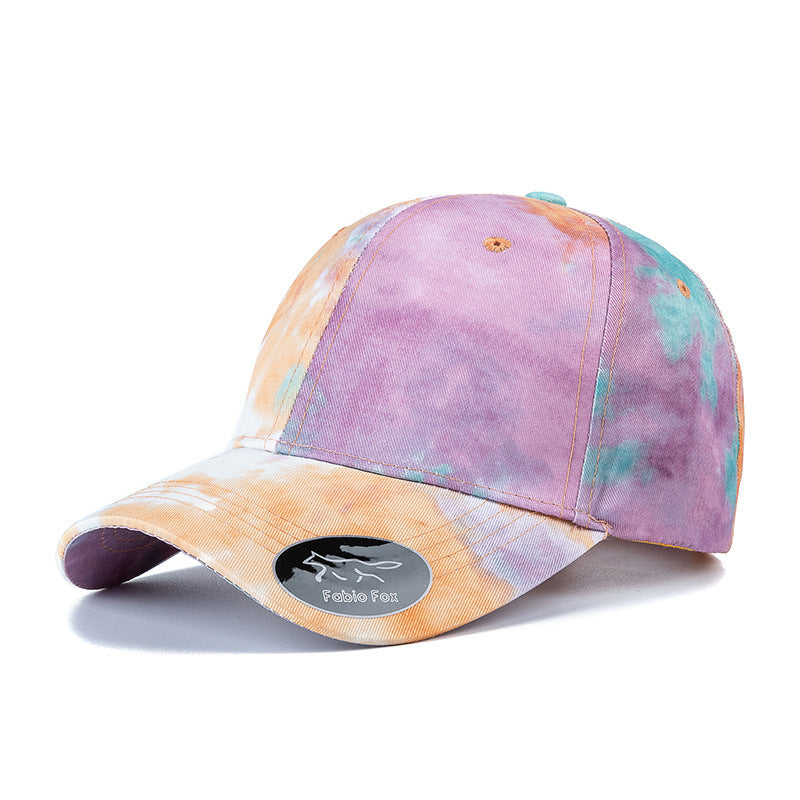 Gradient colorful tie-dye baseball cap with flower pattern, designed for sun protection and ventilation, made from soft cotton material, suitable for all seasons