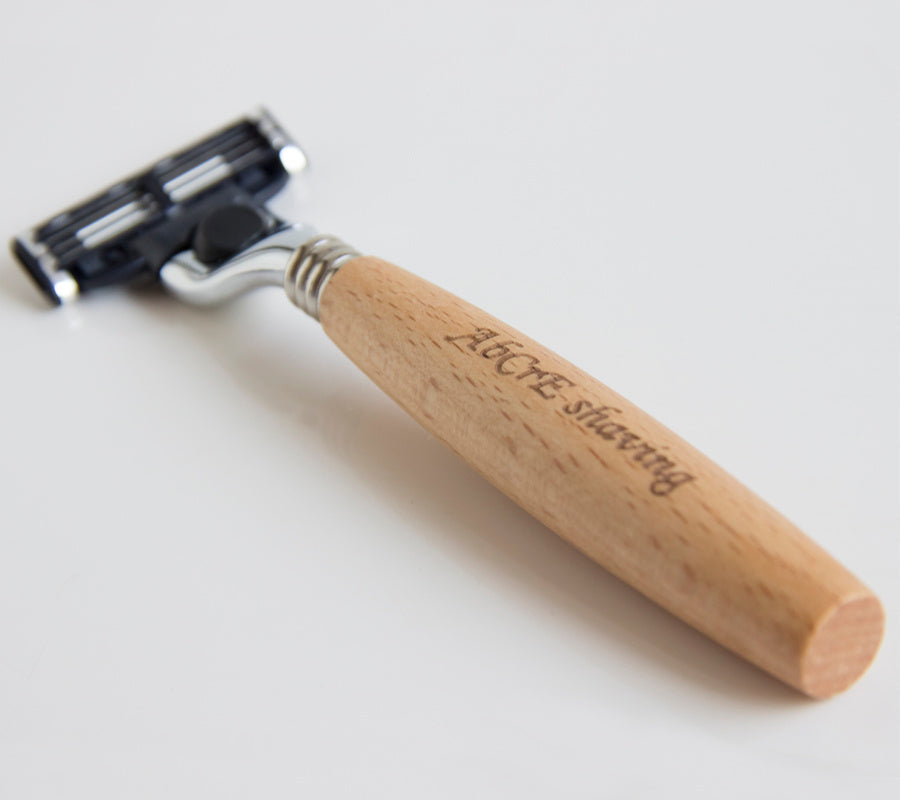 Men's shaving set featuring a metal brush and razor holder made of Fe-Ni alloy, a stainless steel double-layer shaving soap bowl, a 3-layer imported blade razor with a wooden handle, and a bristles shaving brush made from natural bristles. Available in two styles: one with a spare blade and another with two spare blades.