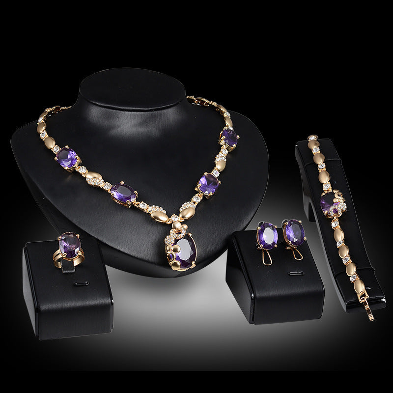 Gemstone Jewelry Set featuring alloy material with diamond processing, including earrings, item decorations, and hand decorations in Love, Water Drop, and Bell patterns, available in 18K gold and 61154071 colors.