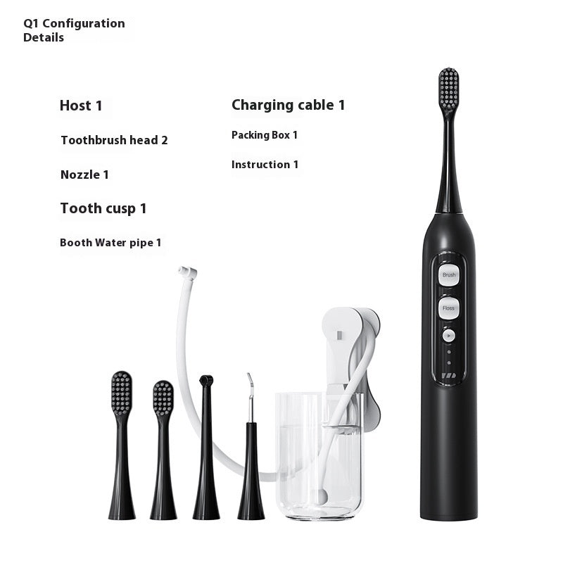 Three-in-one waterproof smart electric toothbrush and oral irrigator in multiple colors (Q1 White, Q1 Black, Q2 White, Q2 Pink), featuring a rechargeable power type, magnetic suspension motor, and over 5 gear settings for customizable cleaning.
