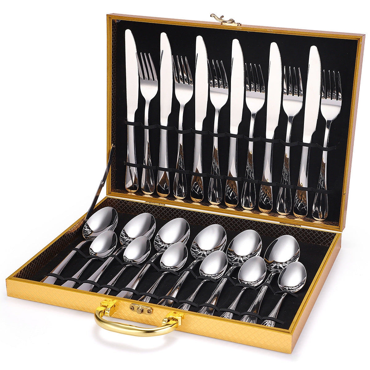 A 24-piece stainless steel cutlery set, made from durable 18/10 stainless steel, eco-friendly, BPA-free, and dishwasher safe. Includes forks, knives, spoons, and teaspoons.