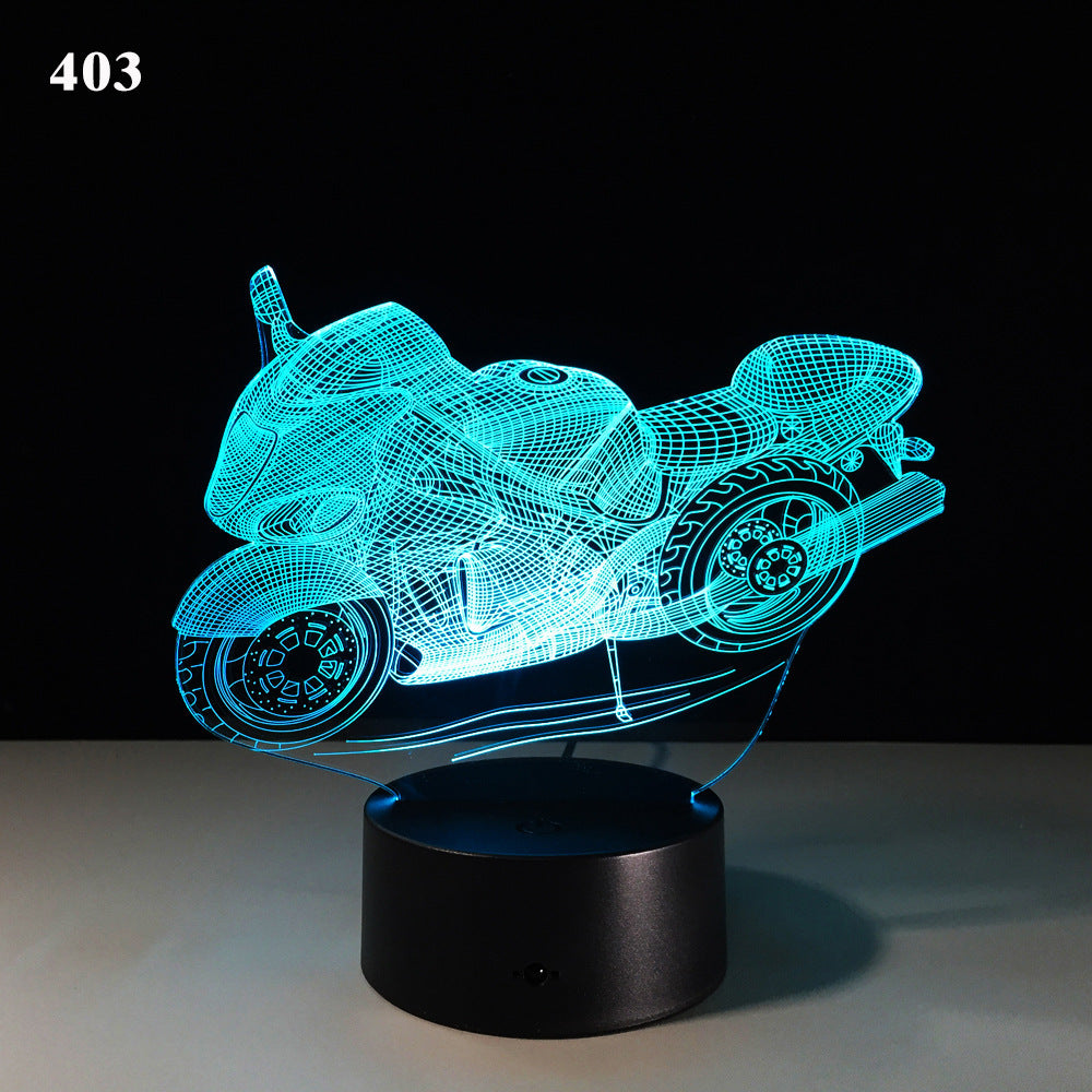 Motorcycle LED desk lamp with a black background and colorful touch controls, featuring an acrylic shade for a sleek and modern look. Ideal for home, hotel rooms, corridors, and entertainment spaces.