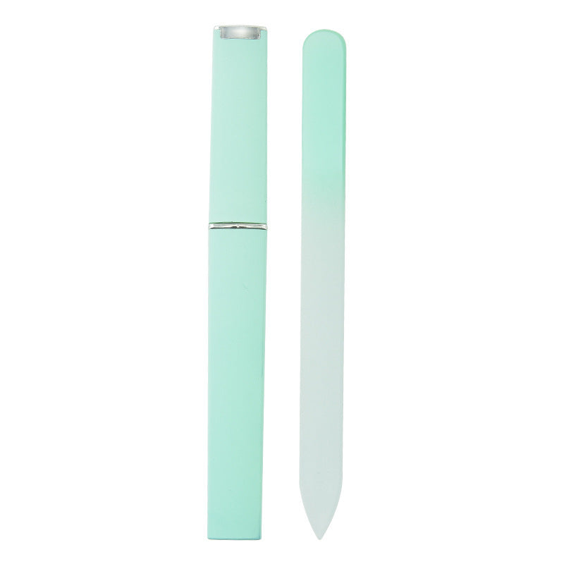 Nail file polishing manicure set made of plastic and nano glass, available in six colors (Pink, Blue, Cyan, Yellow, Purple, Green). Compact size (14 * 1.2 cm) with a thickness of 0.3mm, packaged in a convenient storage box for easy use and organization.