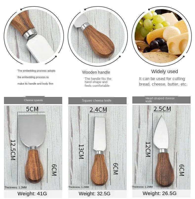6-piece stainless steel cheese cutter set with ergonomic handles, designed for slicing different types of cheese. Custom logo printing available, perfect for gifting or personal use.