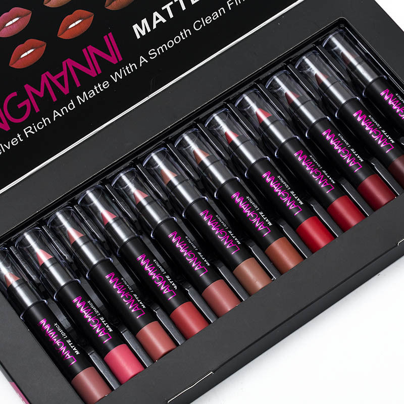 Matte velvet lipstick set with 12 shades (3.5g each), offering long-lasting color, moisturizing properties, and a smooth, healthy finish for lips.