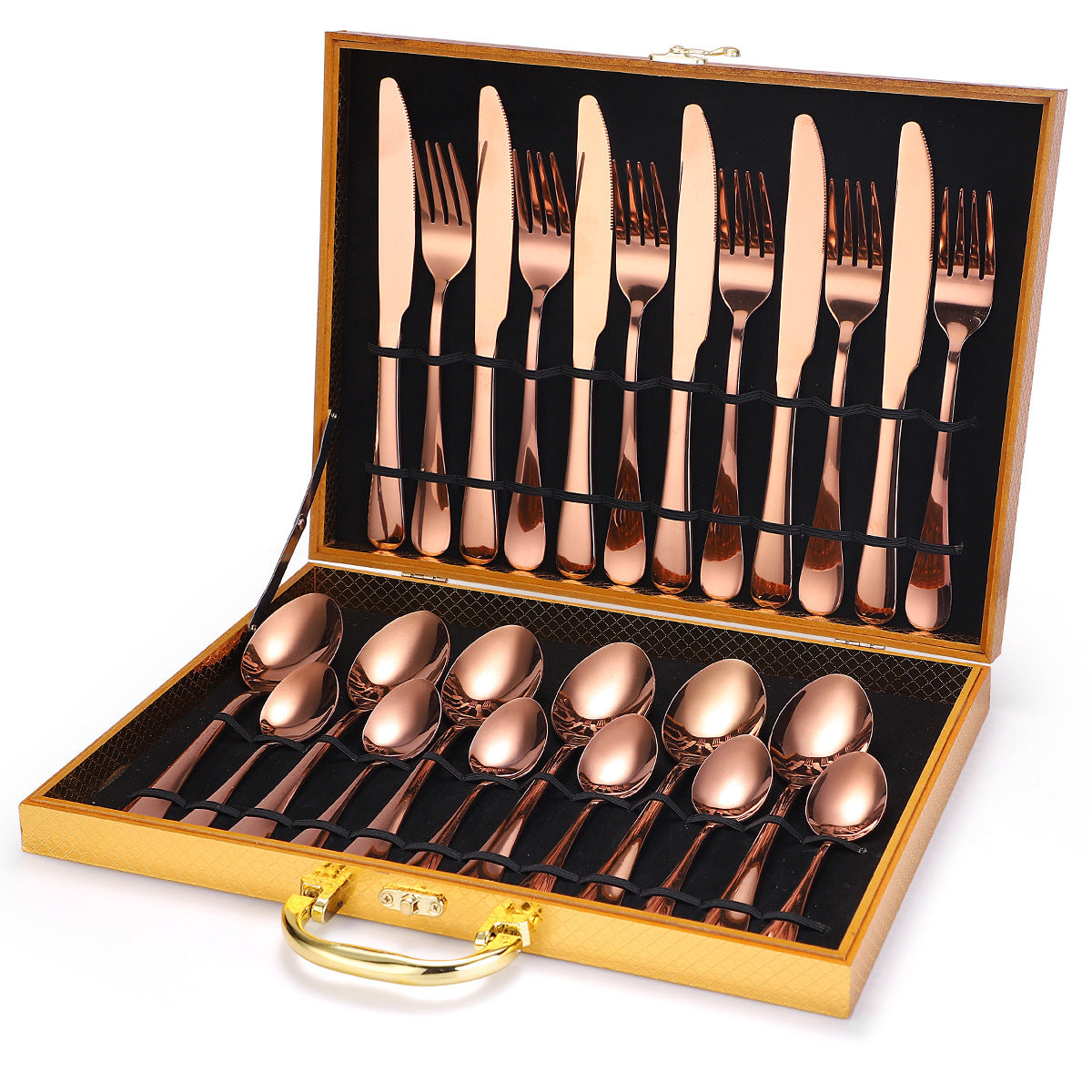 A 24-piece stainless steel cutlery set, made from durable 18/10 stainless steel, eco-friendly, BPA-free, and dishwasher safe. Includes forks, knives, spoons, and teaspoons.