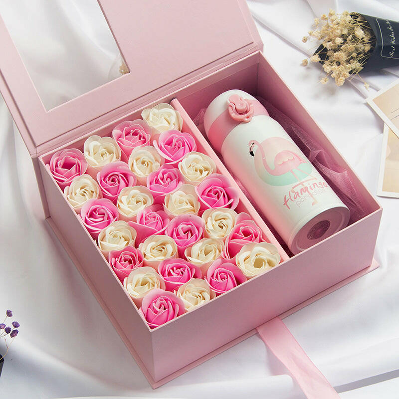Handmade soap flower rose gift box in elegant packaging, available in various sets including thermos cups, wishing rabbit, and Little Fairy notebooks in different colors.