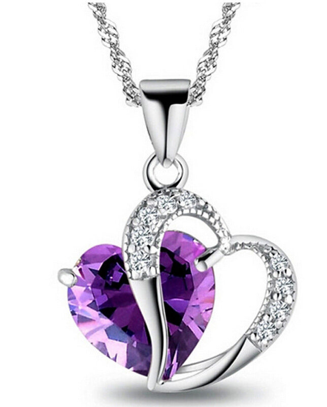 Ziling Heart Necklace and Earrings Set featuring 6mm stud earrings and a 25mm x 20mm pendant, made of copper and zircon, with a 45+5cm chain, available in red, purple, and white.