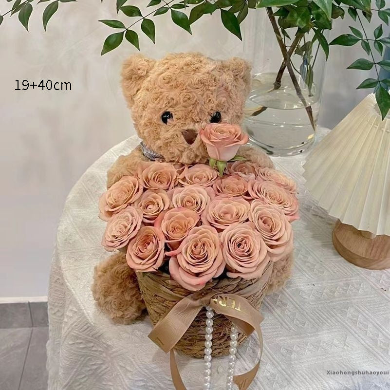 Stuffed Bear with Bouquet – Adorable teddy bear with preserved fresh flowers, LED lights, and a greeting card. Perfect gift for any occasion like birthdays or anniversaries.