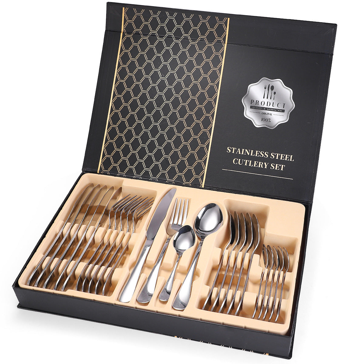 A 24-piece stainless steel cutlery set, made from durable 18/10 stainless steel, eco-friendly, BPA-free, and dishwasher safe. Includes forks, knives, spoons, and teaspoons.