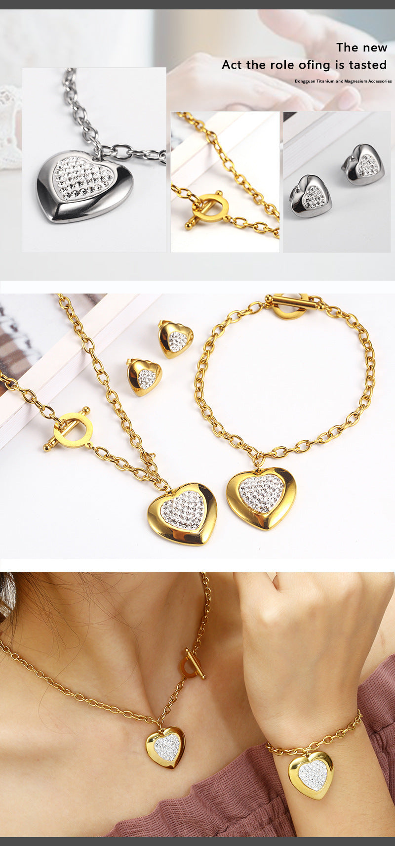 Heart-Shaped Rhinestone Jewelry Set made of titanium steel, featuring a necklace (45cm) and bracelet (20cm) with manual polishing. Available in steel color and gold.