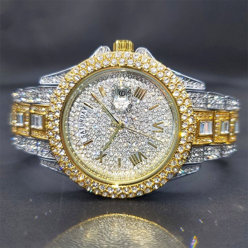 Elevate your style with the Men's Full Diamond Luxury Quartz Watch, a masterpiece that blends luxury and functionality in a timeless design. Crafted for the modern man, this watch not only offers precise timekeeping but also features a calendar edition, making it as practical as it is stylish.