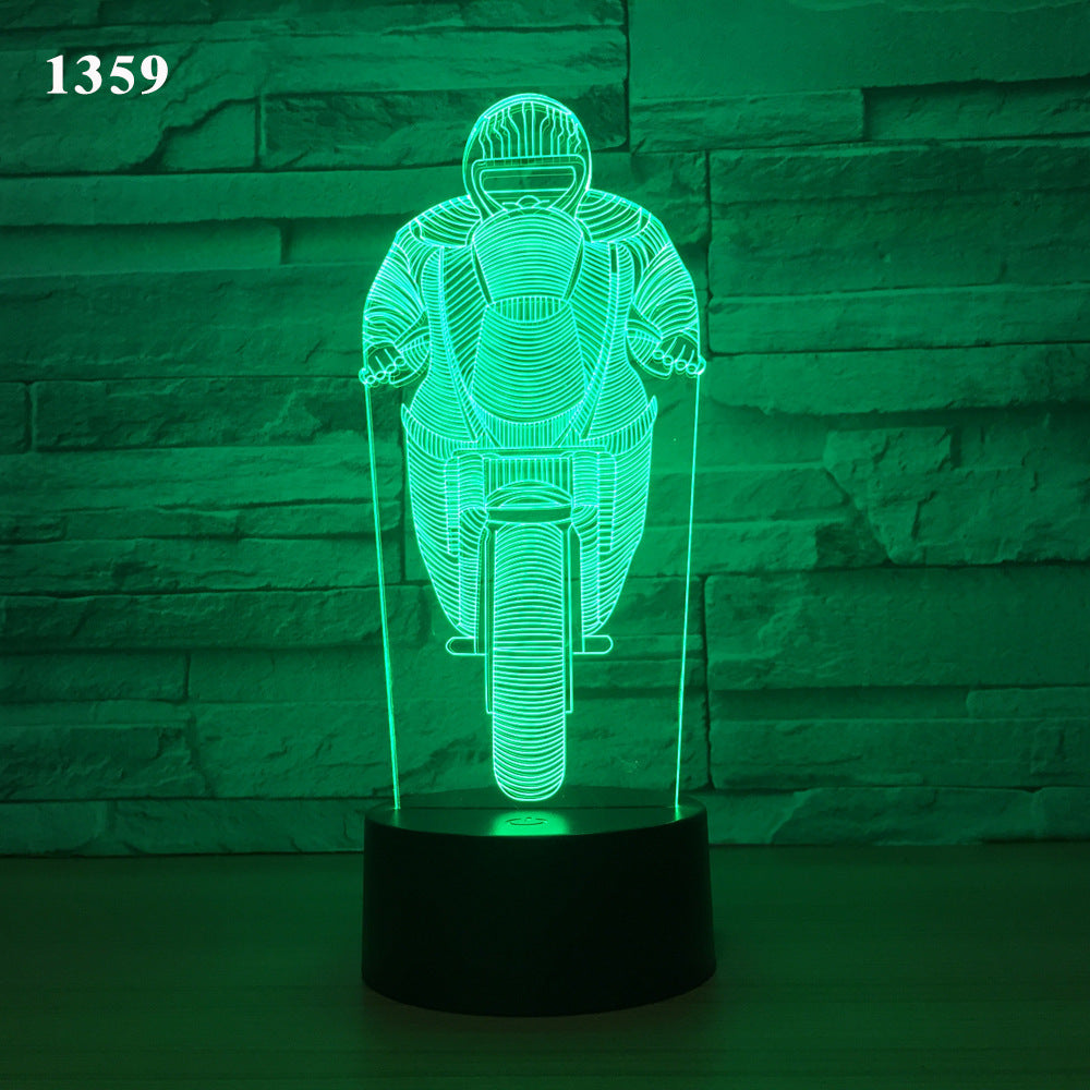 Motorcycle LED desk lamp with a black background and colorful touch controls, featuring an acrylic shade for a sleek and modern look. Ideal for home, hotel rooms, corridors, and entertainment spaces.
