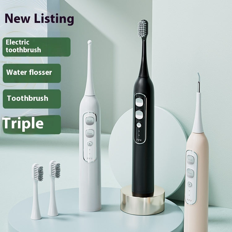 Three-in-one waterproof smart electric toothbrush and oral irrigator in multiple colors (Q1 White, Q1 Black, Q2 White, Q2 Pink), featuring a rechargeable power type, magnetic suspension motor, and over 5 gear settings for customizable cleaning.