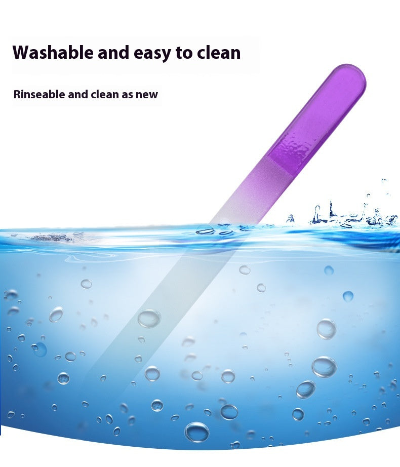 Nail file polishing manicure set made of plastic and nano glass, available in six colors (Pink, Blue, Cyan, Yellow, Purple, Green). Compact size (14 * 1.2 cm) with a thickness of 0.3mm, packaged in a convenient storage box for easy use and organization.