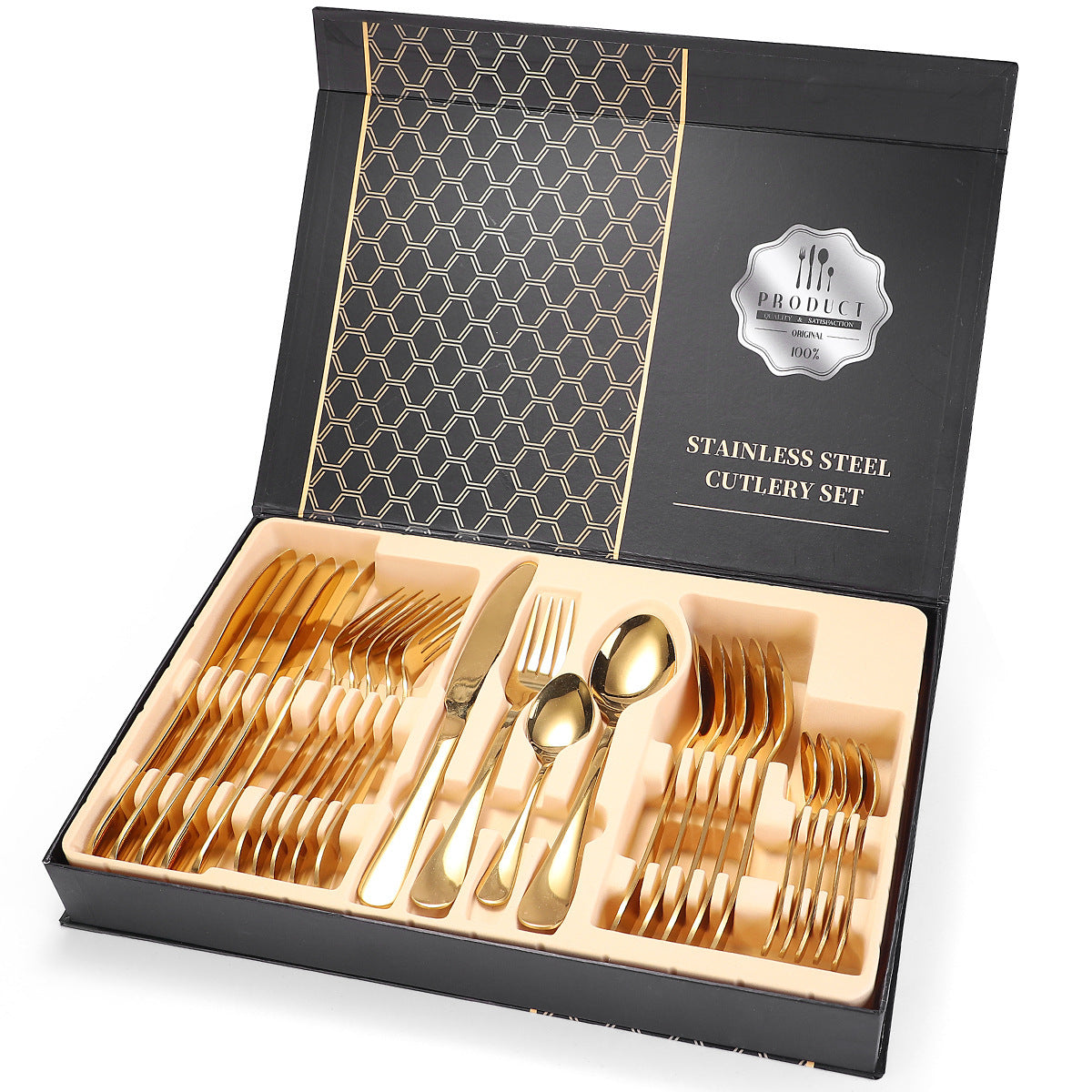 A 24-piece stainless steel cutlery set, made from durable 18/10 stainless steel, eco-friendly, BPA-free, and dishwasher safe. Includes forks, knives, spoons, and teaspoons.
