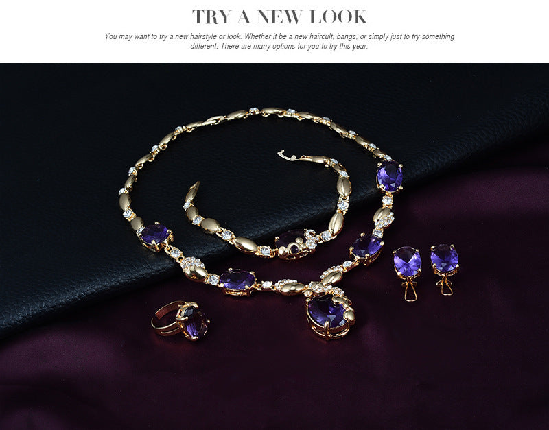 Gemstone Jewelry Set featuring alloy material with diamond processing, including earrings, item decorations, and hand decorations in Love, Water Drop, and Bell patterns, available in 18K gold and 61154071 colors.
