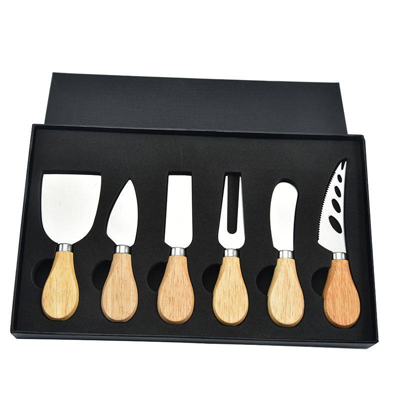 6-piece stainless steel cheese cutter set with ergonomic handles, designed for slicing different types of cheese. Custom logo printing available, perfect for gifting or personal use.