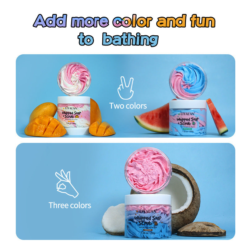 **Coconut Mango Bath Scrub – Exfoliating and moisturizing scrub with a tropical coconut mango scent, suitable for all skin types. Perfect for a refreshing skin care routine.**