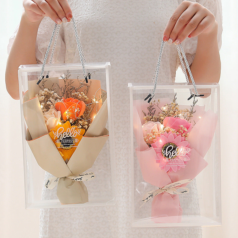 **Soap Rose Gift Box – A beautifully crafted gift featuring soap and dried flowers, soft LED lighting, and a greeting card in an elegant box. Perfect for any special occasion!**