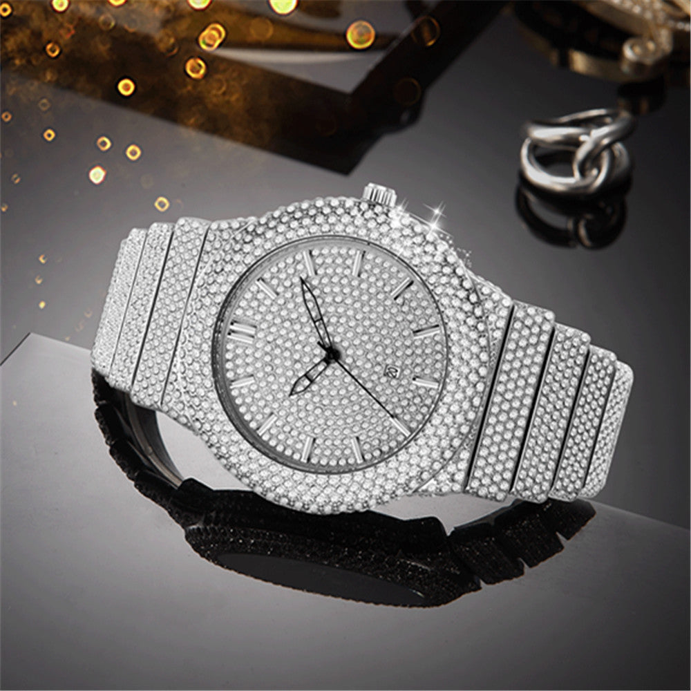 Exude elegance and sophistication with the Luxury Diamond-Embedded Men's Quartz Watch, a statement timepiece designed for the modern man who appreciates style and precision. Adorned with sparkling diamonds and featuring a color calendar, this watch is the perfect blend of luxury and functionality.