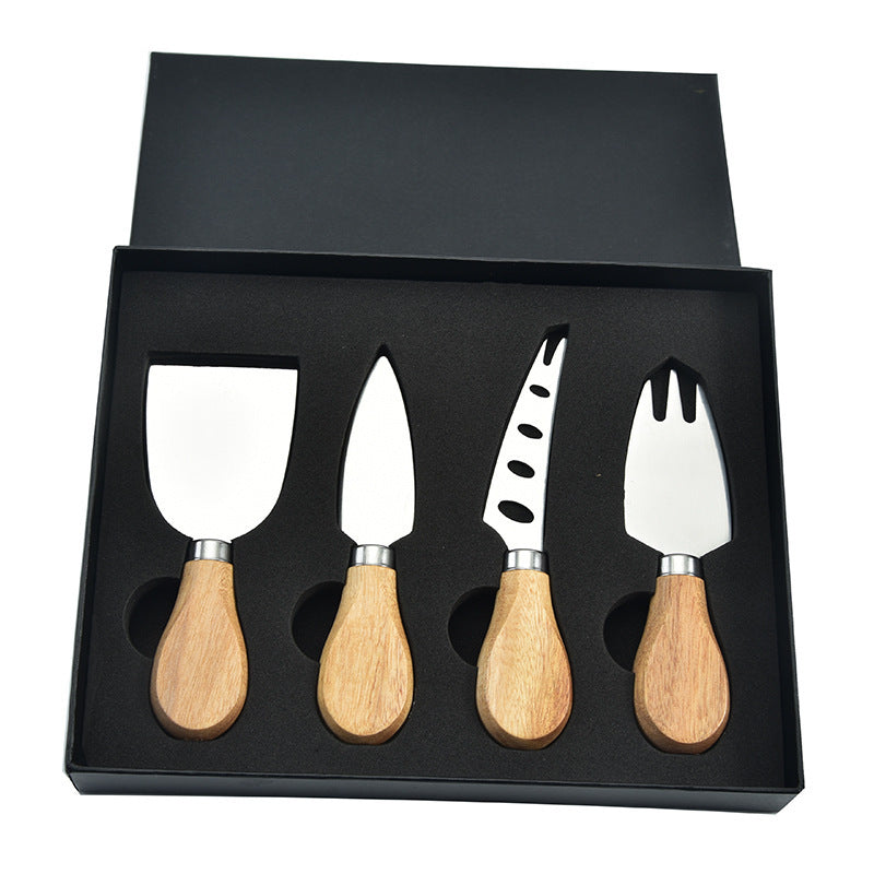 6-piece stainless steel cheese cutter set with ergonomic handles, designed for slicing different types of cheese. Custom logo printing available, perfect for gifting or personal use.