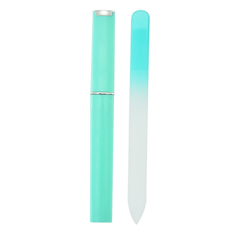 Nail file polishing manicure set made of plastic and nano glass, available in six colors (Pink, Blue, Cyan, Yellow, Purple, Green). Compact size (14 * 1.2 cm) with a thickness of 0.3mm, packaged in a convenient storage box for easy use and organization.