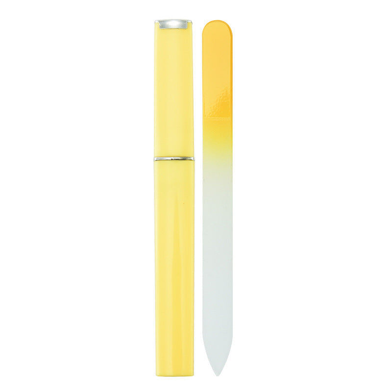 Nail file polishing manicure set made of plastic and nano glass, available in six colors (Pink, Blue, Cyan, Yellow, Purple, Green). Compact size (14 * 1.2 cm) with a thickness of 0.3mm, packaged in a convenient storage box for easy use and organization.