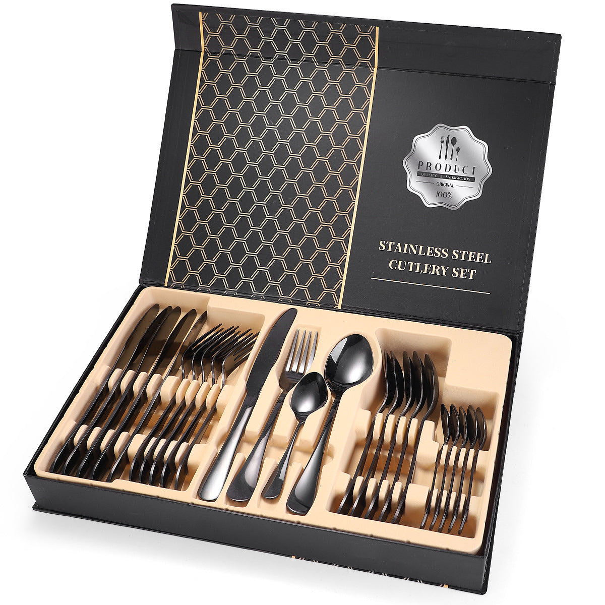 A 24-piece stainless steel cutlery set, made from durable 18/10 stainless steel, eco-friendly, BPA-free, and dishwasher safe. Includes forks, knives, spoons, and teaspoons.