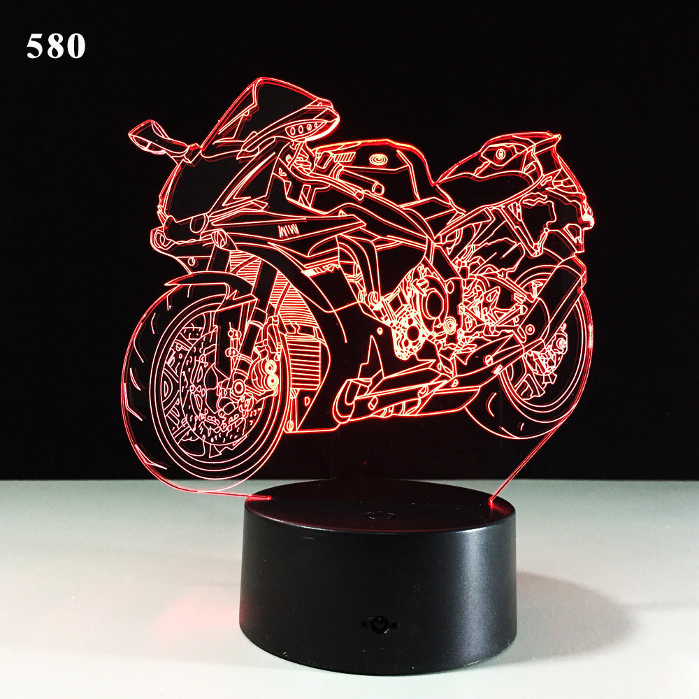 Motorcycle LED desk lamp with a black background and colorful touch controls, featuring an acrylic shade for a sleek and modern look. Ideal for home, hotel rooms, corridors, and entertainment spaces.