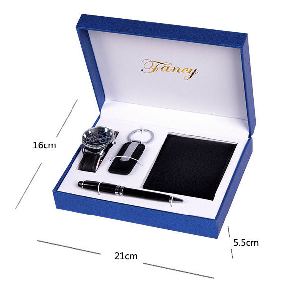"Men's Wallet Gift Set with Wallet, Alloy Watch, Keychain, and Pen – Stylish Business Gift Set in Black with Stripes, Suitable for Anniversaries, Promotions, and More."